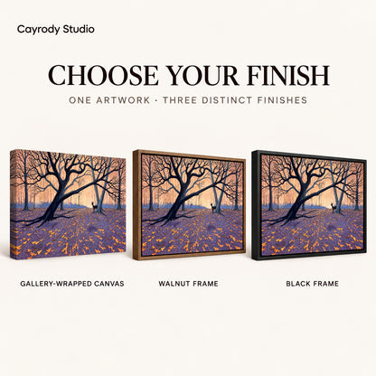 Twilight Forest Deer artwork finish chart showing gallery wrapped canvas, walnut frame, and black frame options.