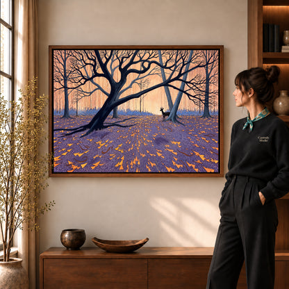 Walnut framed twilight forest deer artwork scene assigned to all six walnut framed canvas sizes.