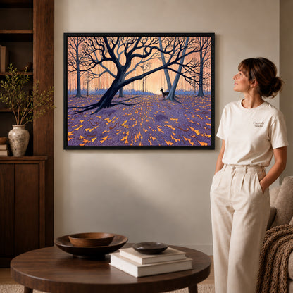 Black framed twilight forest deer artwork scene assigned to all six black framed canvas sizes.