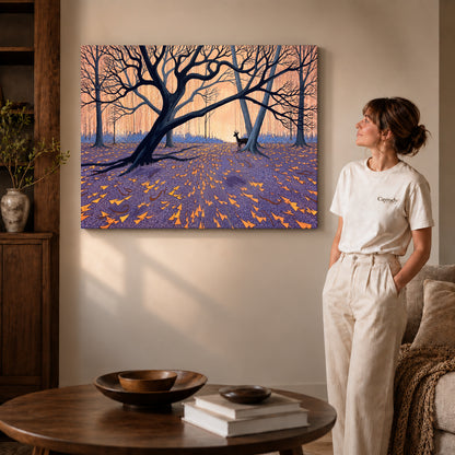 Gallery wrapped twilight forest deer artwork scene assigned to all six unframed wrapped canvas sizes.