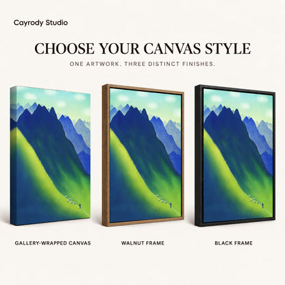 Blue mountain canvas art finish chart showing gallery wrapped canvas, walnut frame, and black frame options.
