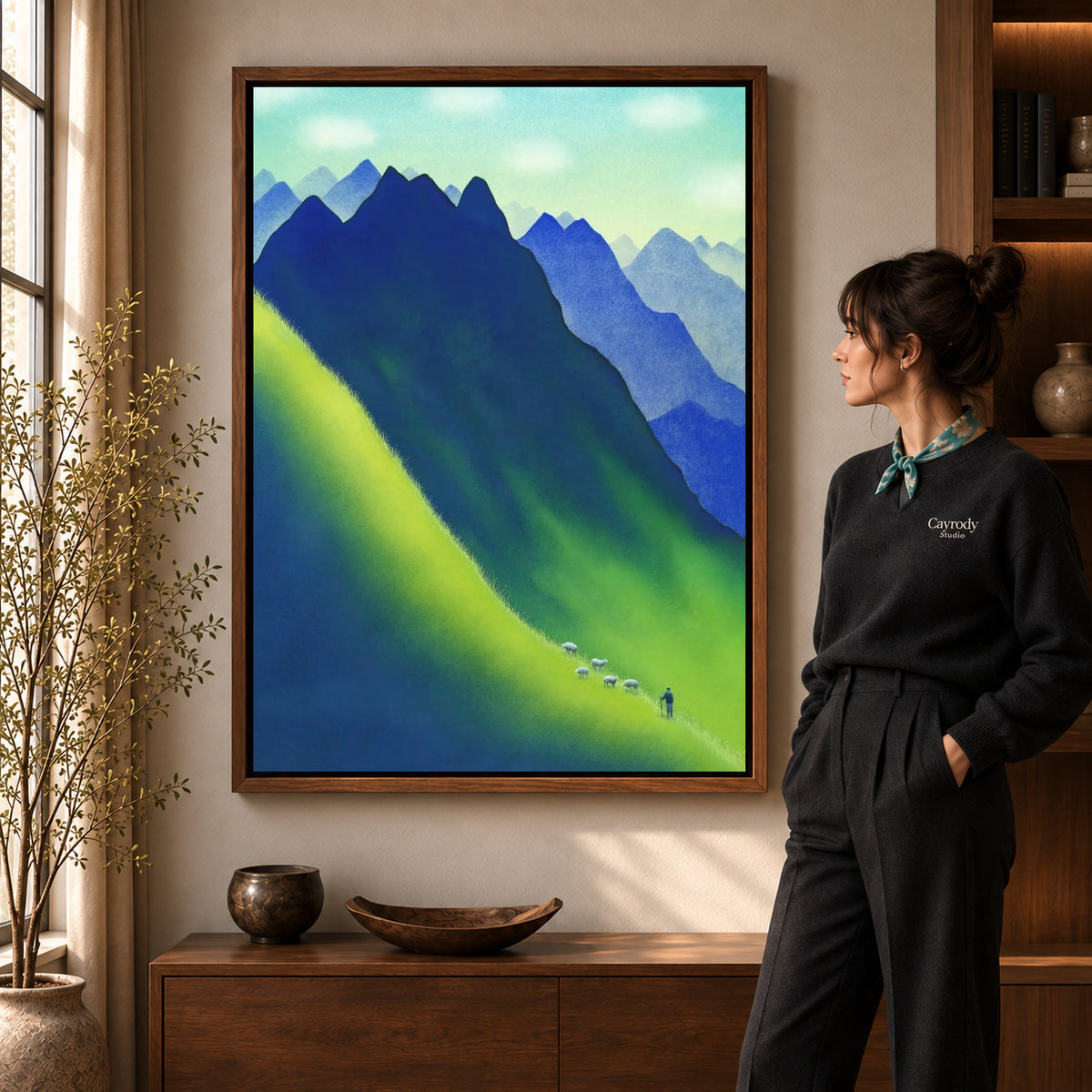 Walnut framed blue mountain canvas art room scene assigned to all six walnut framed canvas sizes.