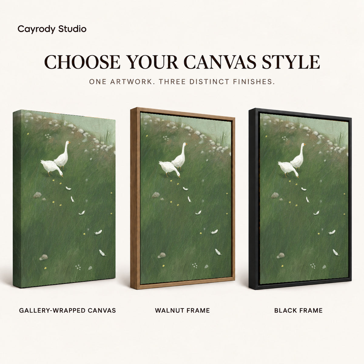 White goose meadow canvas art finish chart showing gallery wrapped canvas, walnut frame, and black frame options.