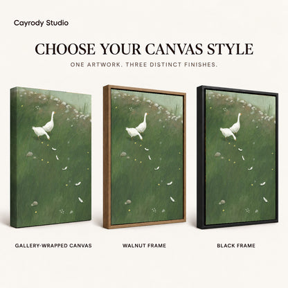 White goose meadow canvas art finish chart showing gallery wrapped canvas, walnut frame, and black frame options.