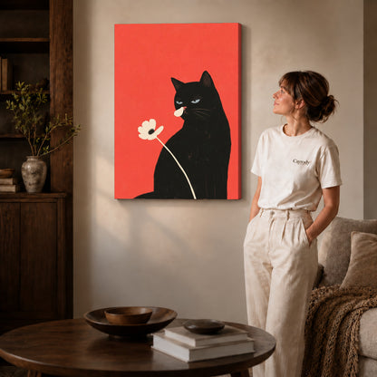 Gallery wrapped black cat flower canvas art with naturally shaded canvas edges beside a woman wearing cream clothing.