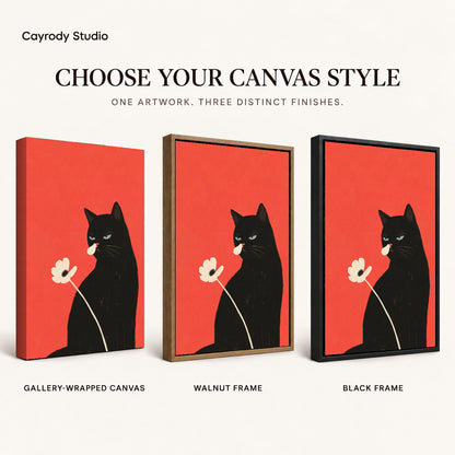 Black cat flower canvas art finish chart showing gallery wrapped canvas, walnut frame, and black frame options.