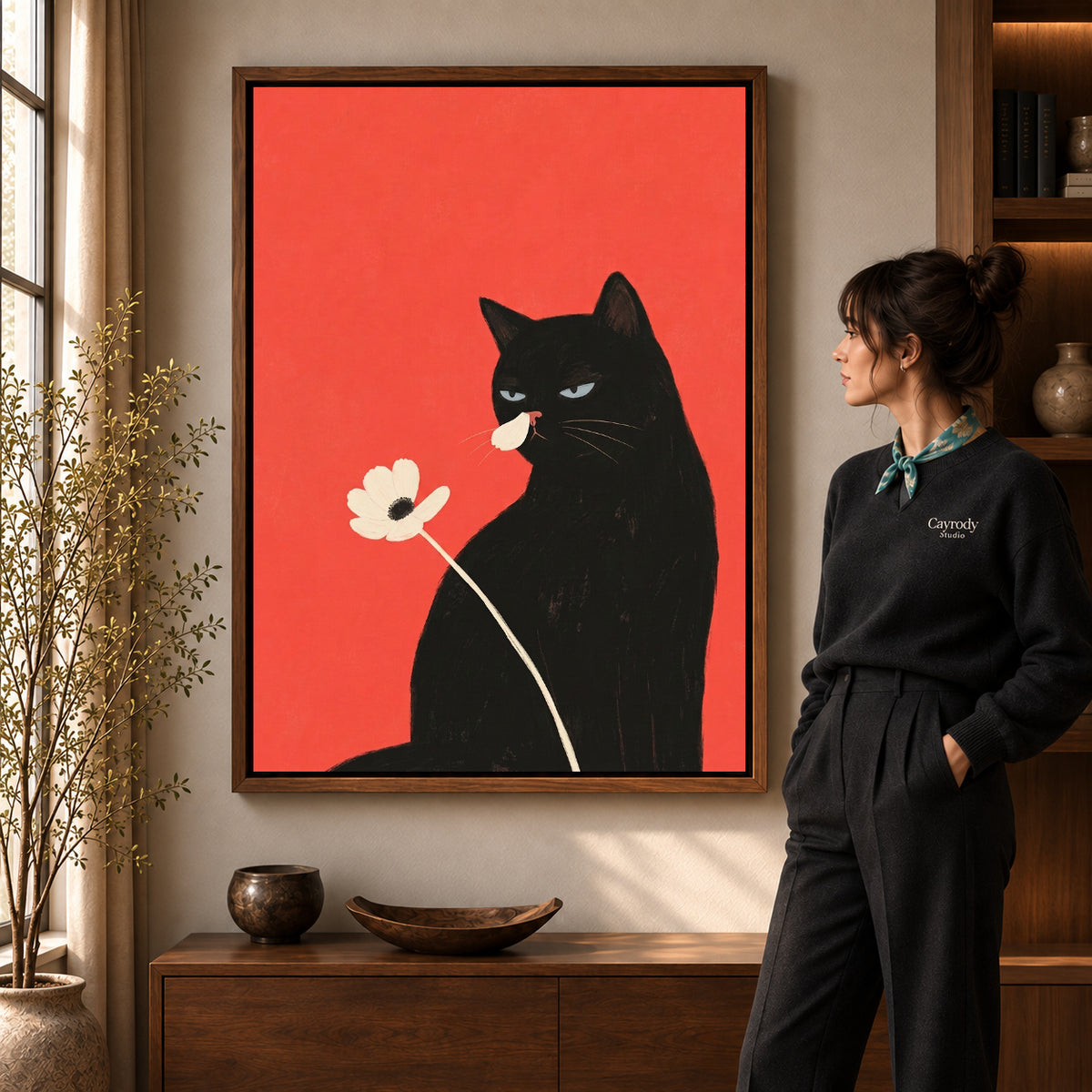 Walnut framed black cat flower canvas art room scene assigned to all six walnut framed canvas sizes.
