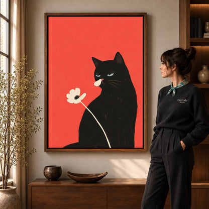 Walnut framed black cat flower canvas art room scene assigned to all six walnut framed canvas sizes.