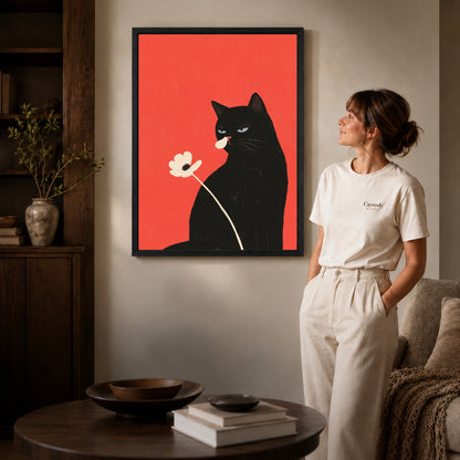 Black framed black cat flower canvas art room scene assigned to all six black framed canvas sizes.