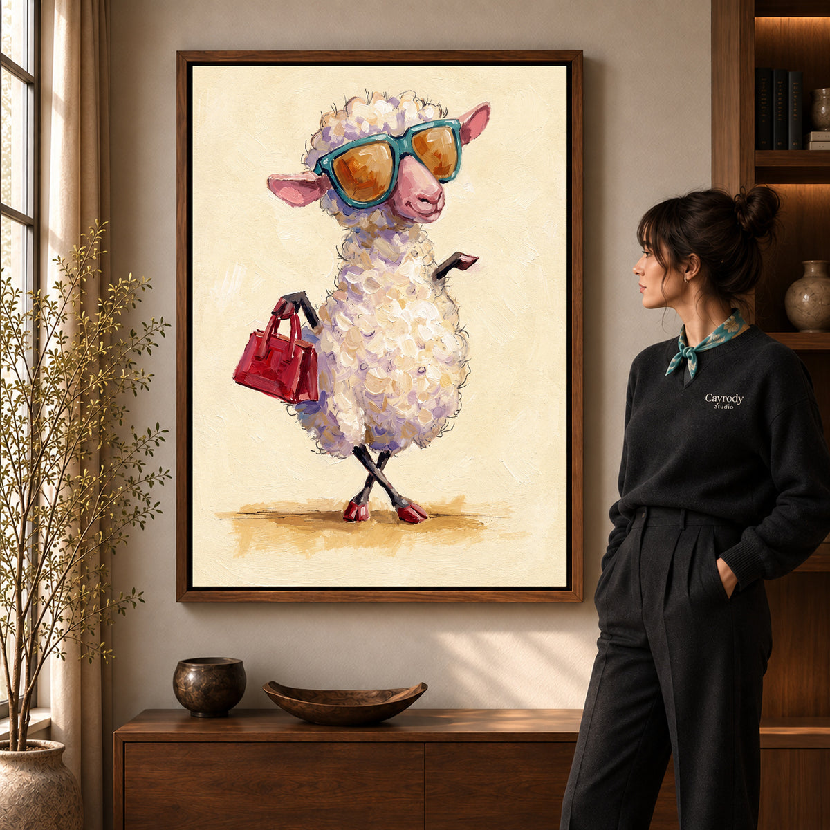 Stylish Sunglasses Sheep artwork in a walnut frame beside a standing woman in a warm room.