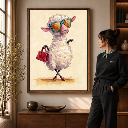 Stylish Sunglasses Sheep artwork in a walnut frame beside a standing woman in a warm room.