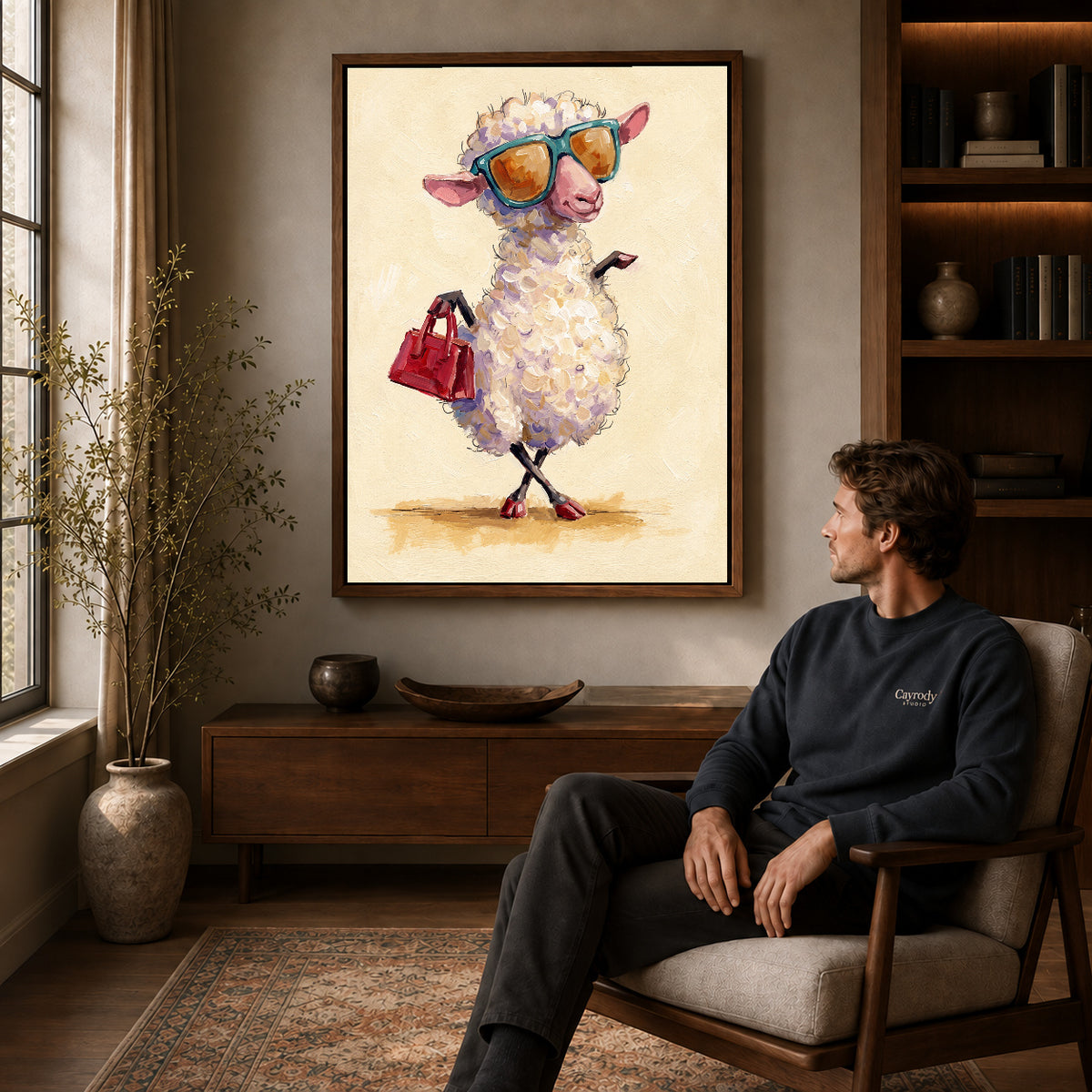 Walnut framed stylish sunglasses sheep artwork above a seated man in a wood furnished living room.