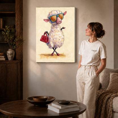 Gallery wrapped stylish sunglasses sheep artwork with shaded canvas edges beside a woman wearing cream clothing.
