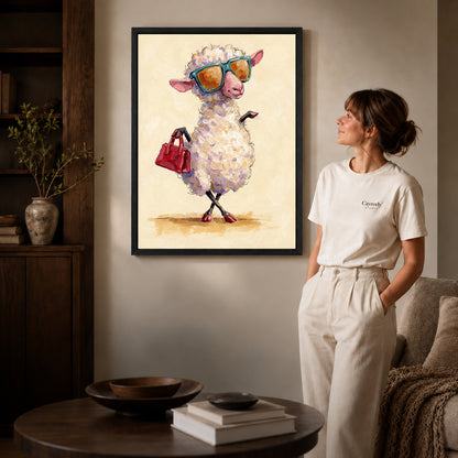 Black framed stylish sunglasses sheep artwork beside a woman in a warm neutral living room.