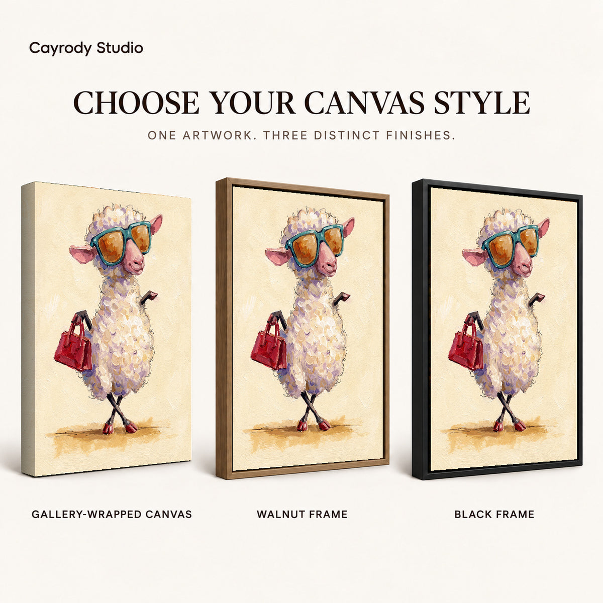 Stylish Sunglasses Sheep artwork finish chart showing gallery wrapped canvas, walnut frame, and black frame options.