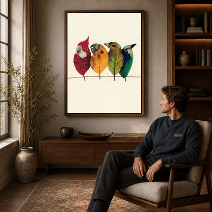 Walnut framed autumn leaf birds artwork above a seated man in a wood furnished living room.