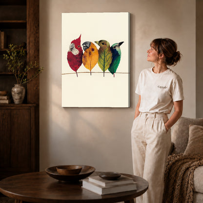 Gallery wrapped autumn leaf birds artwork with shaded canvas edges beside a woman wearing cream clothing.