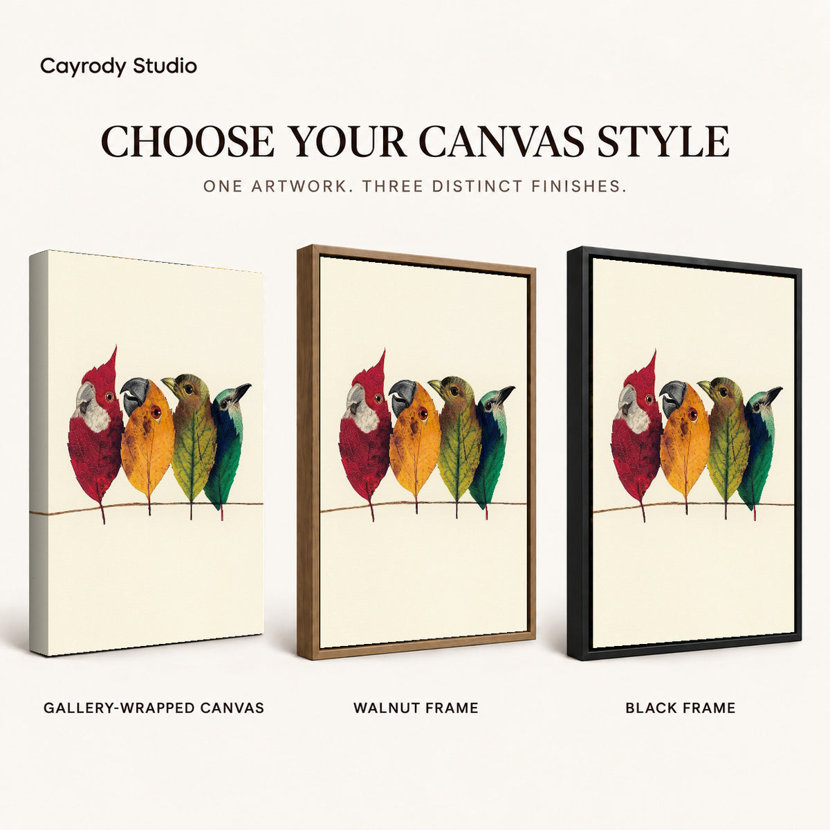 Autumn Leaf Birds artwork finish chart showing gallery wrapped canvas, walnut frame, and black frame options.