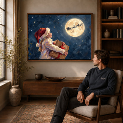Walnut framed moonlit christmas wish artwork above a seated man in a wood furnished living room.
