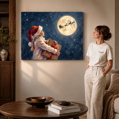 Gallery wrapped moonlit christmas wish artwork with shaded canvas edges beside a woman wearing cream clothing.