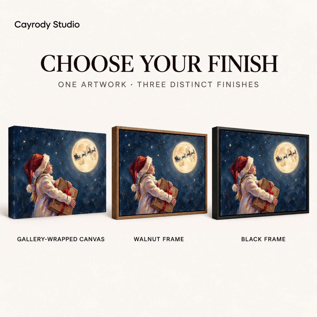 Moonlit Christmas Wish artwork finish chart showing gallery wrapped canvas, walnut frame, and black frame options.