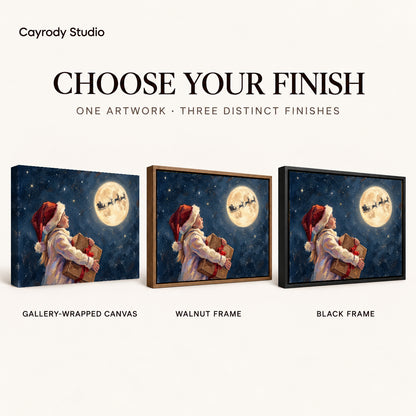 Moonlit Christmas Wish artwork finish chart showing gallery wrapped canvas, walnut frame, and black frame options.