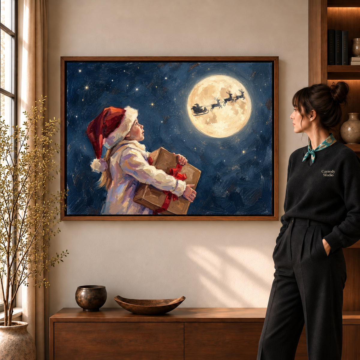 Walnut framed moonlit christmas wish artwork scene assigned to all six walnut framed canvas sizes.