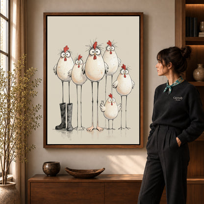 Quirky Chicken Family artwork in a walnut frame beside a standing woman in a warm room.