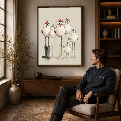 Walnut framed quirky chicken family artwork above a seated man in a wood furnished living room.