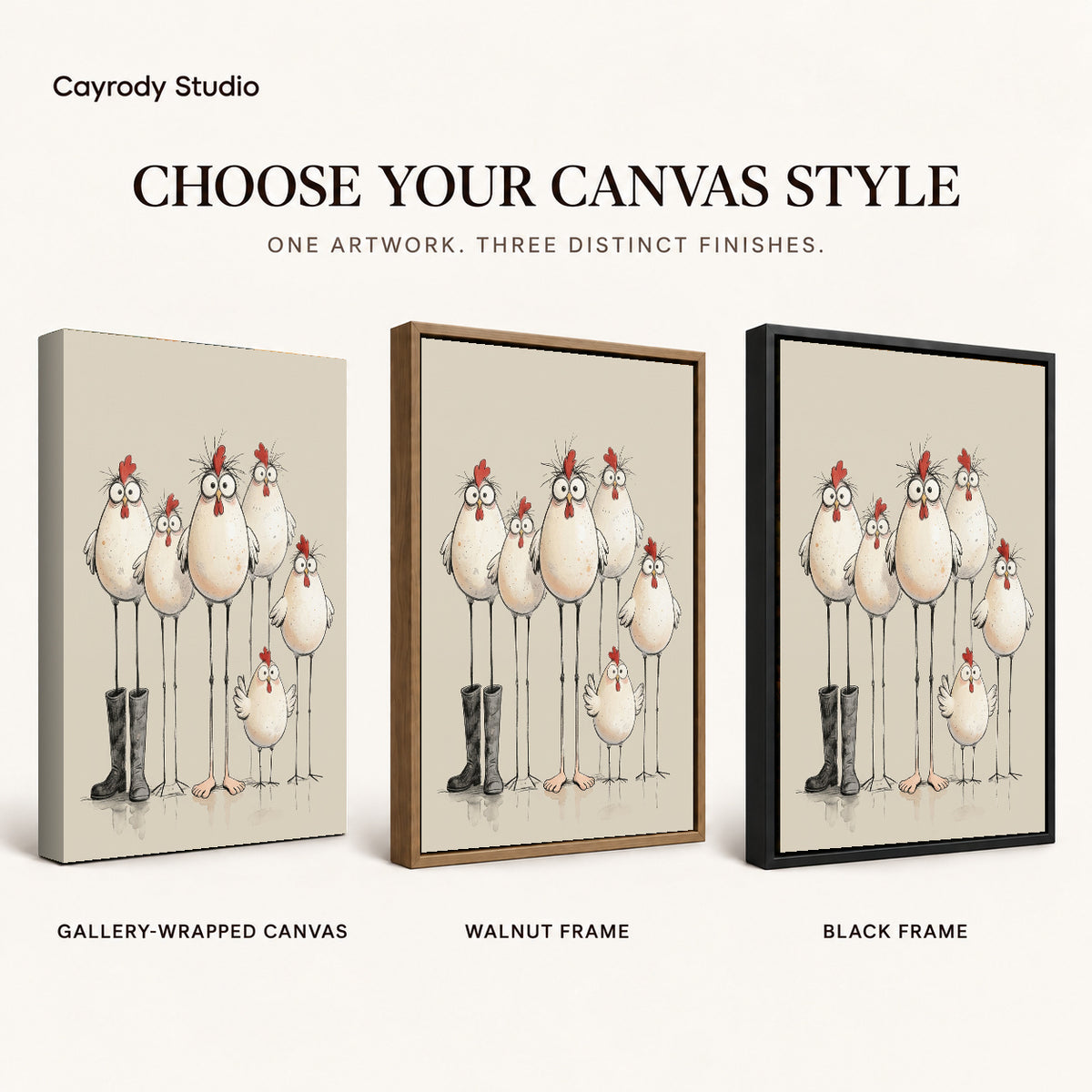 Quirky Chicken Family artwork finish chart showing gallery wrapped canvas, walnut frame, and black frame options.