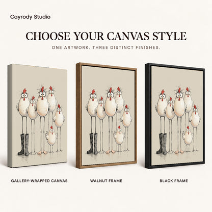 Quirky Chicken Family artwork finish chart showing gallery wrapped canvas, walnut frame, and black frame options.