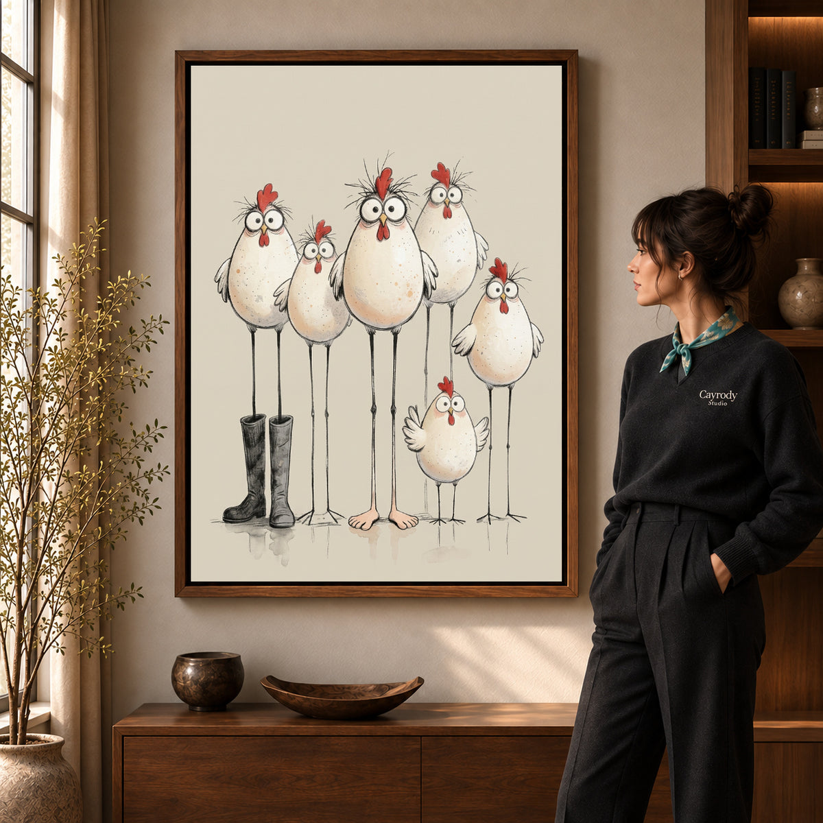 Walnut framed quirky chicken family artwork scene assigned to all six walnut framed canvas sizes.