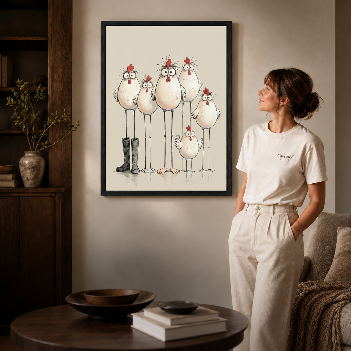 Black framed quirky chicken family artwork scene assigned to all six black framed canvas sizes.