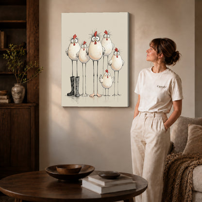 Gallery wrapped quirky chicken family artwork scene assigned to all six unframed wrapped canvas sizes.
