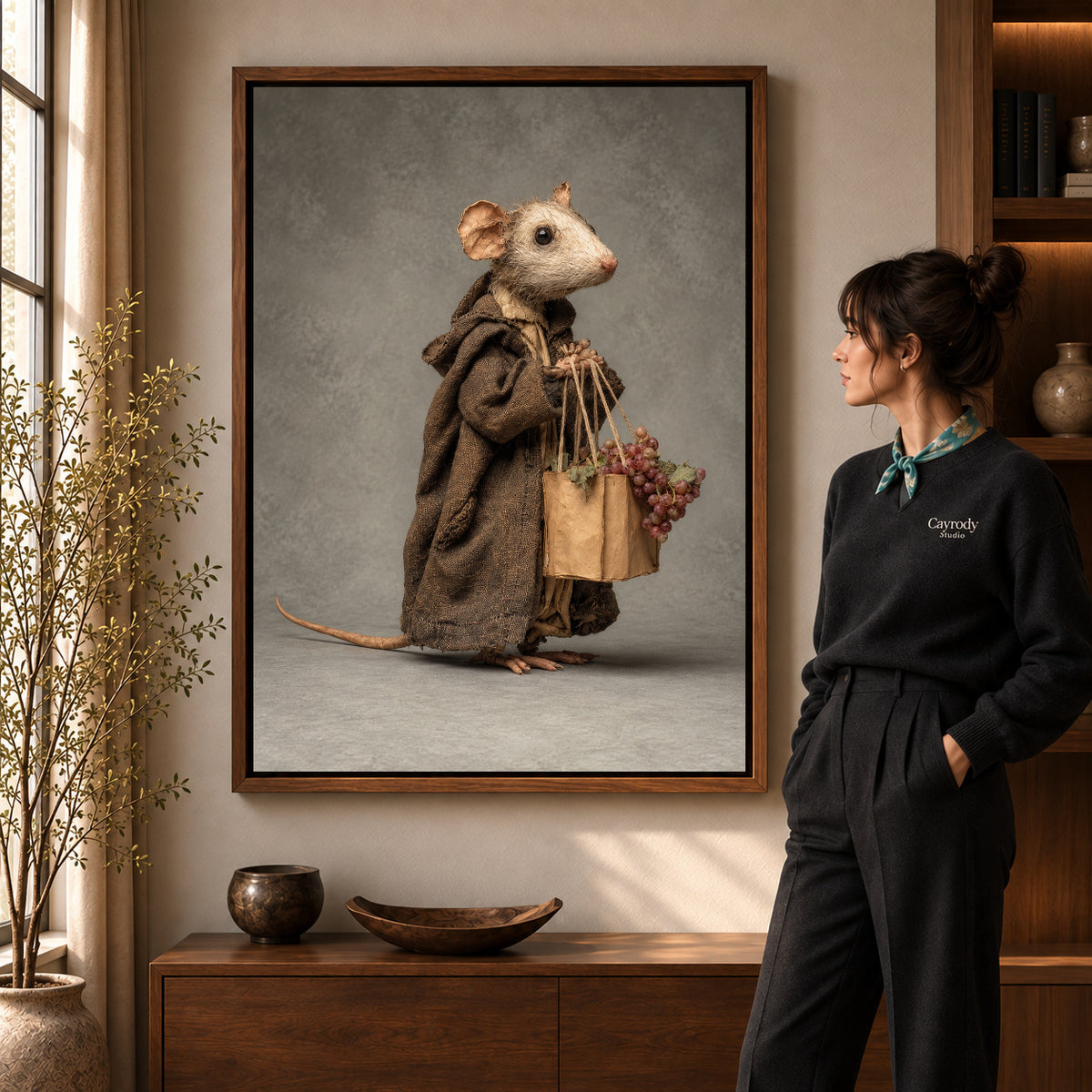 Cloaked Mouse Errand artwork in a walnut frame beside a standing woman in a warm room.