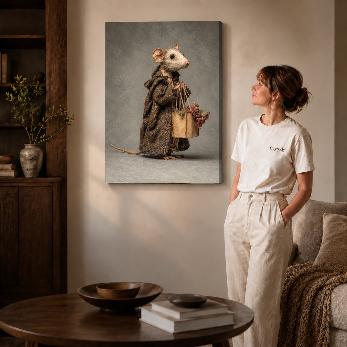 Gallery wrapped cloaked mouse errand artwork with shaded canvas edges beside a woman wearing cream clothing.