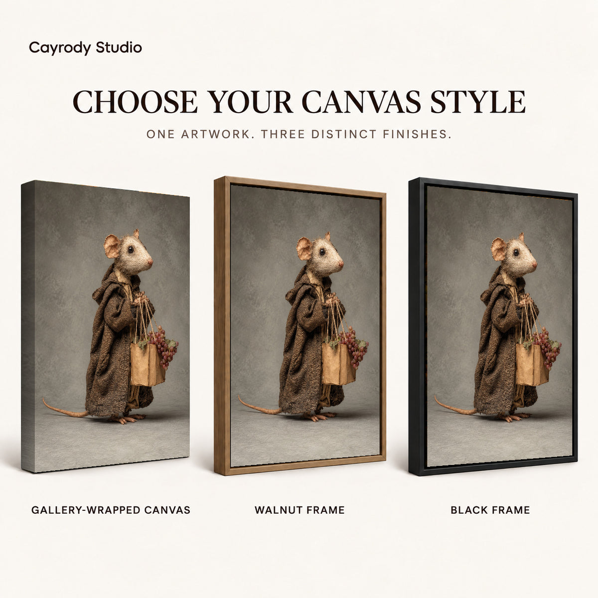 Cloaked Mouse Errand artwork finish chart showing gallery wrapped canvas, walnut frame, and black frame options.