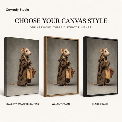 Cloaked Mouse Errand artwork finish chart showing gallery wrapped canvas, walnut frame, and black frame options.