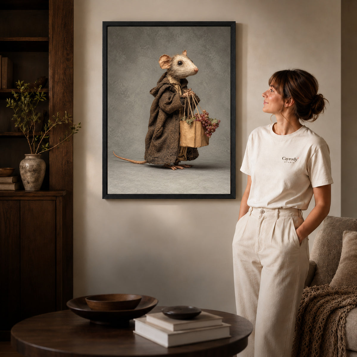 Black framed cloaked mouse errand artwork scene assigned to all six black framed canvas sizes.
