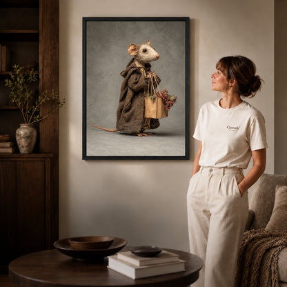 Black framed cloaked mouse errand artwork scene assigned to all six black framed canvas sizes.