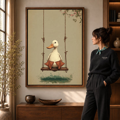 Swinging White Duck artwork in a walnut frame beside a standing woman in a warm room.