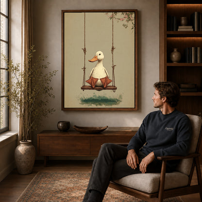 Walnut framed swinging white duck artwork above a seated man in a wood furnished living room.