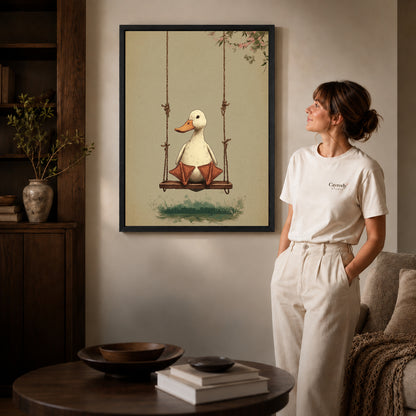Black framed swinging white duck artwork beside a woman in a warm neutral living room.