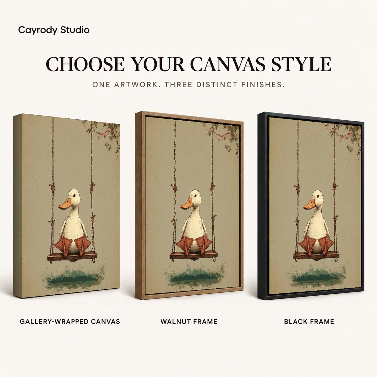 Swinging White Duck artwork finish chart showing gallery wrapped canvas, walnut frame, and black frame options.