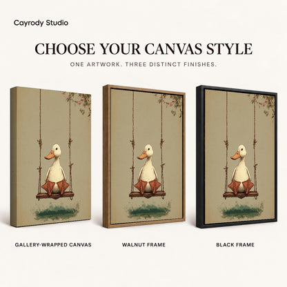 Swinging White Duck artwork finish chart showing gallery wrapped canvas, walnut frame, and black frame options.
