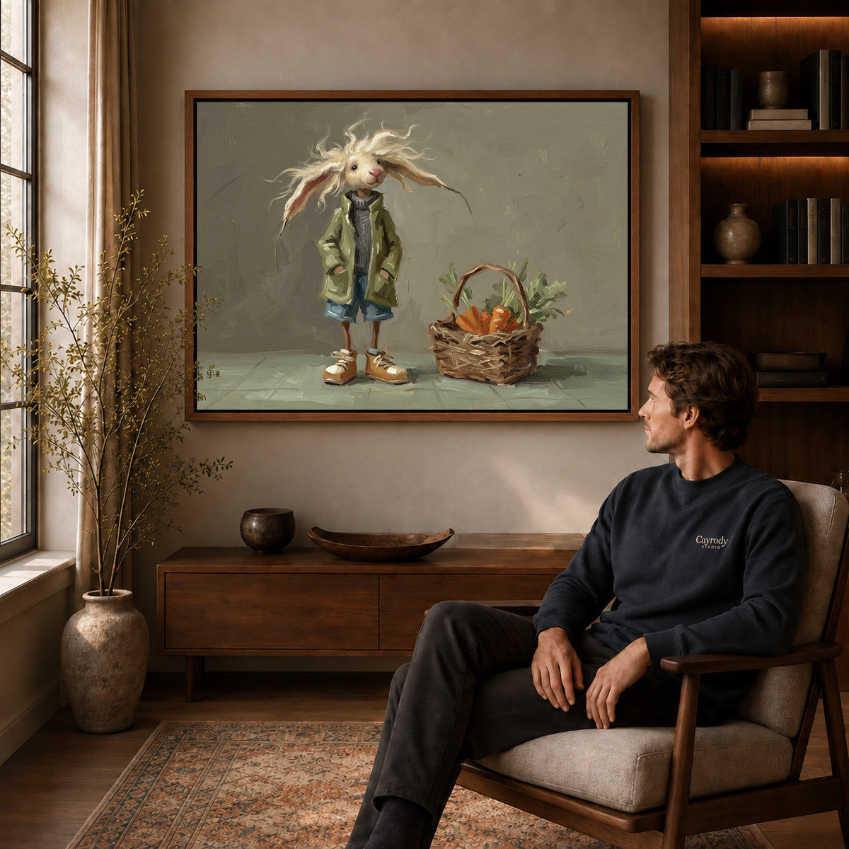 Walnut framed windswept rabbit companion artwork above a seated man in a wood furnished living room.
