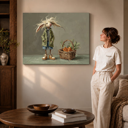 Gallery wrapped windswept rabbit companion artwork with shaded canvas edges beside a woman wearing cream clothing.