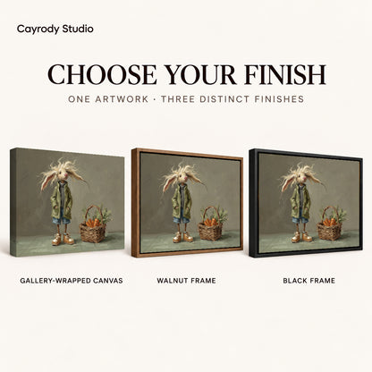 Windswept Rabbit Companion artwork finish chart showing gallery wrapped canvas, walnut frame, and black frame options.