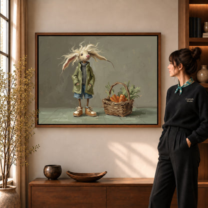 Walnut framed windswept rabbit companion artwork scene assigned to all six walnut framed canvas sizes.