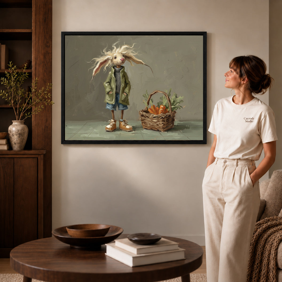 Black framed windswept rabbit companion artwork scene assigned to all six black framed canvas sizes.